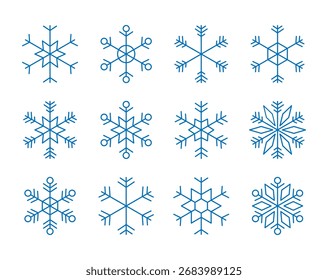 conjunto de ícones de flocos de neve de linha azul abstrata, coleção de símbolos de neve floco de neve para o ano novo, Natal, cartões de design de inverno, cartaz, banner, padrão, anúncio, flocos de neve ícone de vetor modelo