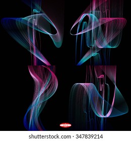 set of abstract blue lines with turquoise waves with purple band isolated on black background. vector illustration