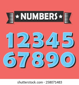 Set of abstract blue numbers with black shadow on red coral color background