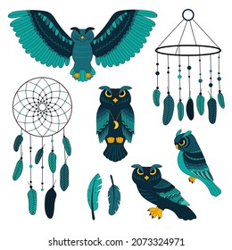 Set of Abstract blue owls ana dream catchers for decoration design. Isolated icon. Color cartoon vector illustration