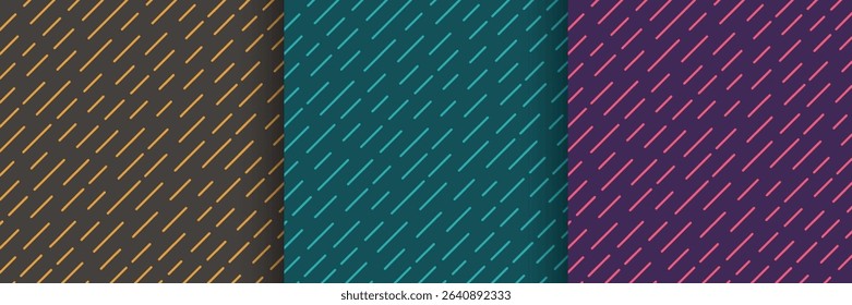Set of abstract blue, pink and yellow diagonal stripes lines dynamic pattern on dark background. Minimalist and simple flat design. Futuristic and technology banner. Vector illustration.