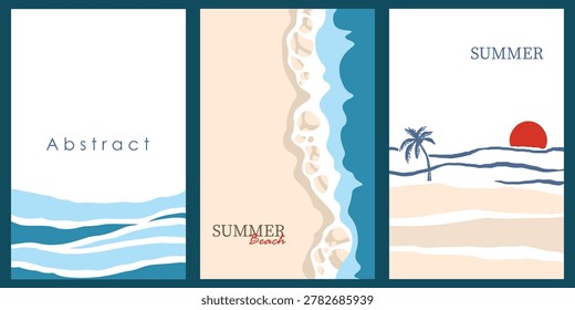 Set of Abstract blue shore beach waves background banner. Summer beach banner. Flat design texture. Vector illustration.