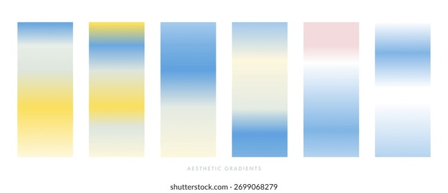 A set of abstract blue sky gradient backgrounds. Light blue, pale pink and yellow color gradation. vector. Pastel gradients of sky. Blurred light fuzz colorful bg. Vector soft vetical backdrop pack