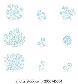 Set of abstract blue smoke elements. Hand drawn, sketch style, blue color. Outline vector illustration isolated on white background.
