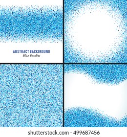 Set of abstract blue splash vector background. Bright navy indigo cyan glitter confetti. Cold frost winter snow dot spot. Splatter stain template