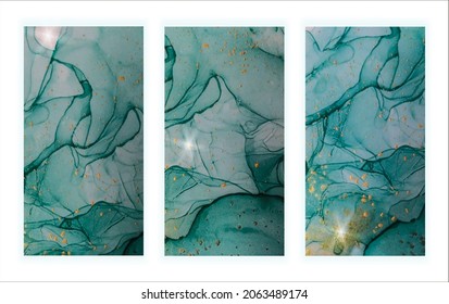 Conjunto de azul o turquesa abstracto con resúmenes solares y fondo de mármol de partículas doradas.  Pintado a mano en la técnica de tinta alcohólica. Vector. Plantilla para banner, diseño de afiches. Pintura de arte fluido