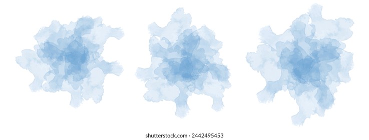 Set of abstract blue watercolor water splash on a white background. Vector watercolour texture in salad color. Ink paint brush stain. Blue splatters spot. Watercolor pastel splash