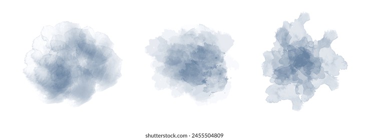 Set of abstract blue watercolor water splash on a white background. Vector watercolour texture in salad color. Ink paint brush stain. Blue splatters spot. Watercolor pastel splash