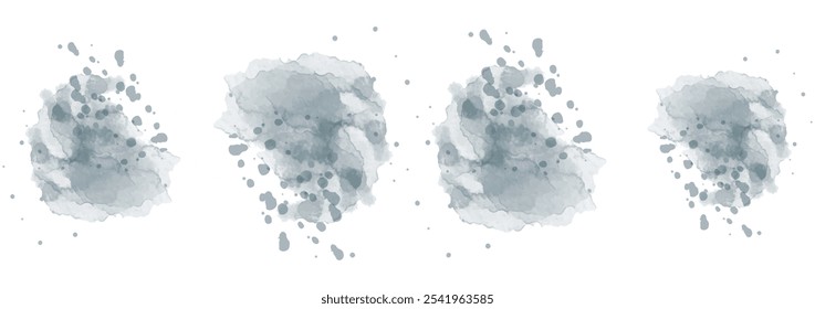 Set of abstract blue watercolor water splash on a white background. Vector watercolour texture in salad color. Ink paint brush stain. Blue splatters spot. Watercolor pastel splash