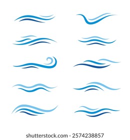 Set of abstract blue wave icons on a white background, representing water or ocean themes. Each icon features different wave patterns and curves, symbolizing fluidity and motion.