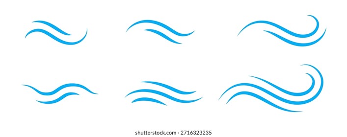 Set of Abstract Blue Wave Lines for Water, Wind, Air, and Sound Icons. Vector illustration