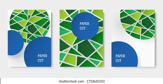 Set of abstract blue and white backgrounds in paper style. Poster with green mosaic elements. Place for text. Vector illustration