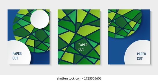 Conjunto de fondos abstractos en azul y blanco al estilo de papel. Afiche con elementos de mosaico verde. Colocar el texto. Ilustración del vector