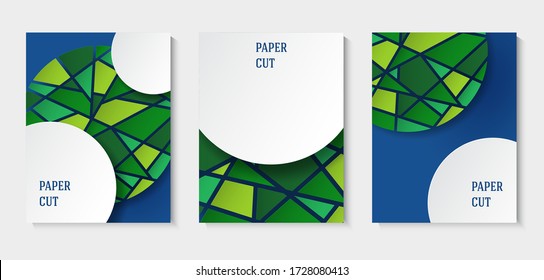 Set of abstract blue and white backgrounds in paper style. Poster with green mosaic elements. Place for text. Vector illustration