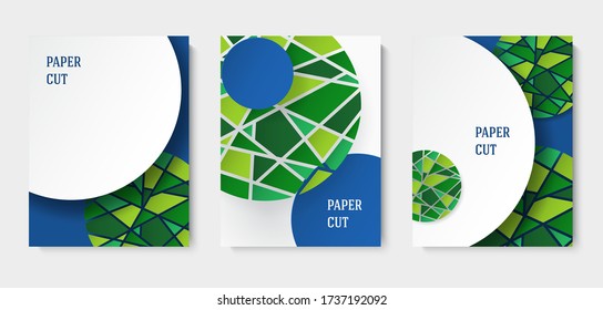 Set of abstract blue and white backgrounds in paper style. Poster with green mosaic elements. Place for text. Vector illustration