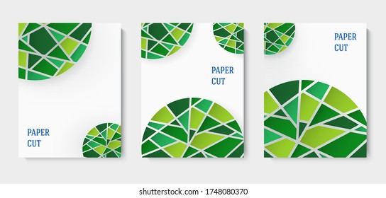 Conjunto de fondos abstractos en azul y blanco al estilo de papel. Afiche con elementos de mosaico verde. Colocar el texto. Ilustración del vector