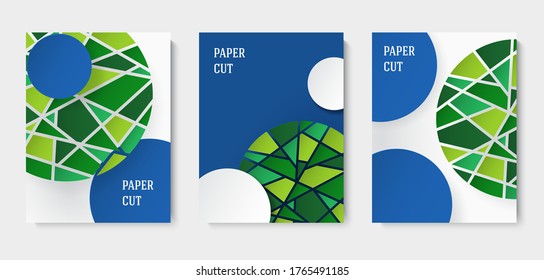 Set of abstract blue and white backgrounds in paper style. Poster with green mosaic elements. Place for text. Vector illustration