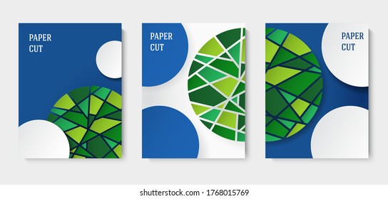 Conjunto de fondos abstractos en azul y blanco al estilo de papel. Afiche con elementos de mosaico verde. Colocar el texto. Ilustración del vector