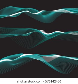 Set of abstract blue and white waves on black background, linear art background, vector file