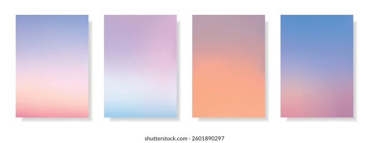 Set of abstract blurred backgrounds.Morning or evening sky, sunrise or sunset on the ocean, sea summer landscapes.Decorative gradient backdrops.Templates for invitations, greeting cards.Vector, meshes