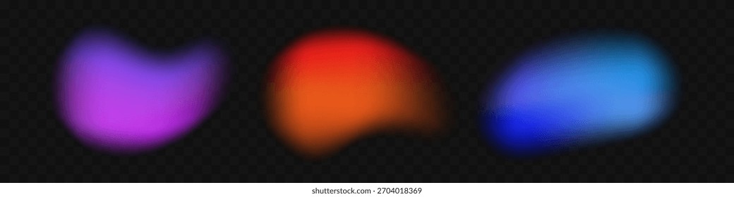 Set of abstract, blurred blob gradient shapes in vibrant colors. Soft, fluid blobs or spots feature a colorful aura effect isolated on a transparent background