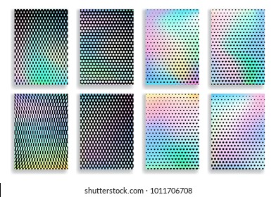 Set of abstract blurred colorful gradient backgrounds with halftone textures of black dots