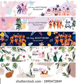 Set of abstract body positive illustration package design tropical girly leaves