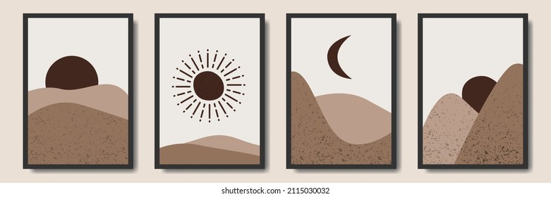 Set of abstract bohemian style wall decor, mountain, design for wallpaper, sun, moon, vase, leaf in aesthetic, modern minimalist art, cover, print, terracotta, beige.