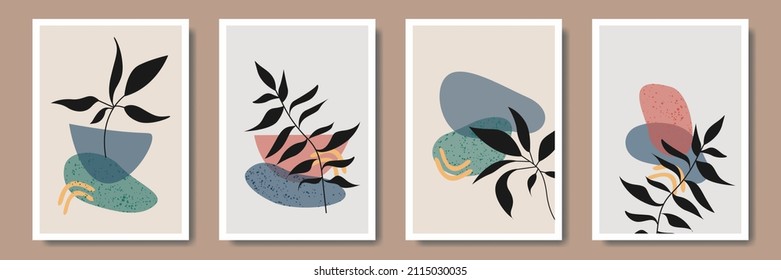 Set of abstract bohemian style wall decor, design for wallpaper, sun, moon, vase, leaf in aesthetic, modern minimalist art, cover, print, terracotta, beige.
