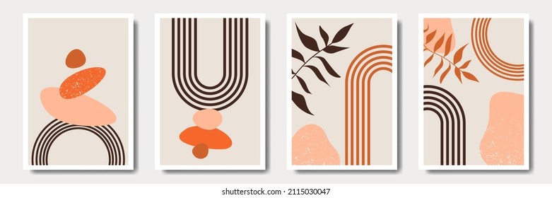 Set of abstract bohemian style wall decor, design for wallpaper, sun, moon, vase, leaf in aesthetic, modern minimalist art, cover, print, terracotta, beige.