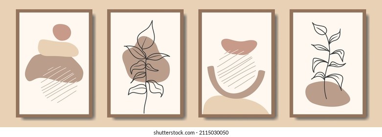 Set of abstract bohemian style wall decor, design for wallpaper, sun, moon, vase, leaf in aesthetic, modern minimalist art, cover, print, terracotta, beige.