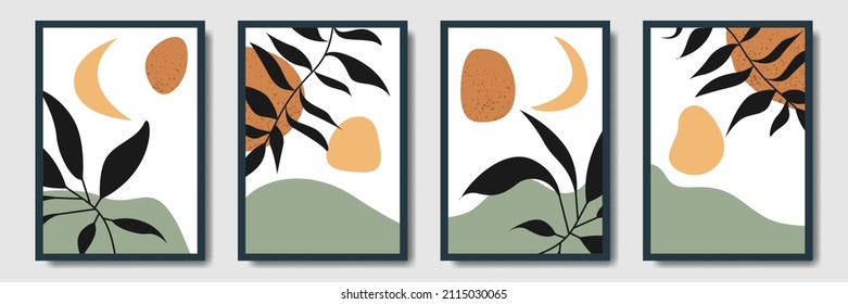 Set of abstract bohemian style wall decor, design for wallpaper, sun, moon, vase, leaf in aesthetic, modern minimalist art, cover, print, terracotta, beige.