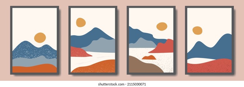 Set of abstract bohemian style wall decor, mountain, design for wallpaper, sun, moon, vase, leaf in aesthetic, modern minimalist art, cover, print, terracotta, beige.