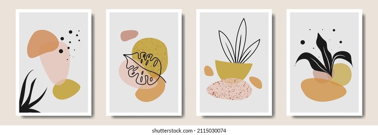 Set of abstract bohemian style wall decor, design for wallpaper, sun, moon, vase, leaf in aesthetic, modern minimalist art, cover, print, terracotta, beige.