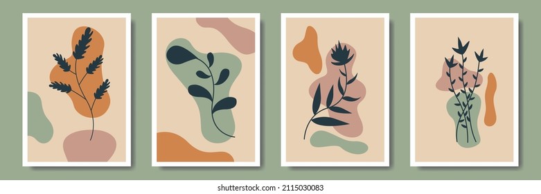 Conjunto de decoración abstracta de pared de estilo bohemio, diseño de papel pintado, sol, luna, jarrón, hoja estética, arte moderno minimalista, cubierta, estampado, terracota, beige.
