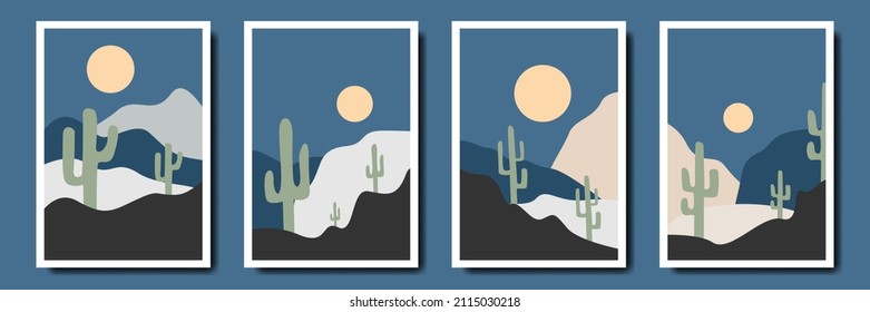 Set of abstract bohemian style wall decor, landscapes in arches with sunset, sun, moon, vase, leaf in aesthetic, minimalist mid century style in natural earthy tones, terracotta, beige.
