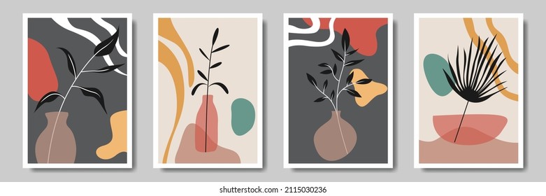 Set of abstract bohemian style wall decor, design for wallpaper, sun, moon, vase, leaf in aesthetic, modern minimalist art, cover, print, terracotta, beige.