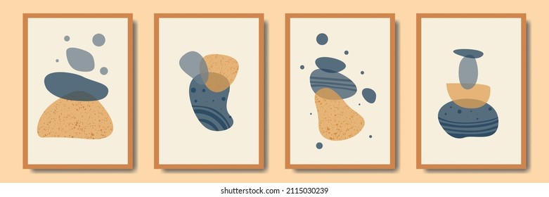 Set of abstract bohemian style wall decor, design for wallpaper, sun, moon, vase, leaf in aesthetic, modern minimalist art, cover, print, terracotta, beige.