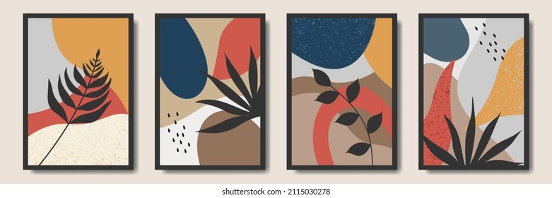 Set of abstract bohemian style wall decor, design for wallpaper, sun, moon, vase, leaf in aesthetic, modern minimalist art, cover, print, terracotta, beige.