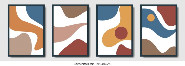 Set of abstract bohemian style wall decor, design for wallpaper, sun, moon, vase, leaf in aesthetic, modern minimalist art, cover, print, terracotta, beige.