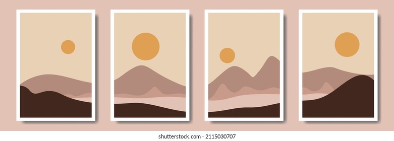 Set of abstract bohemian style wall decor, mountain, design for wallpaper, sun, moon, vase, leaf in aesthetic, modern minimalist art, cover, print, terracotta, beige.