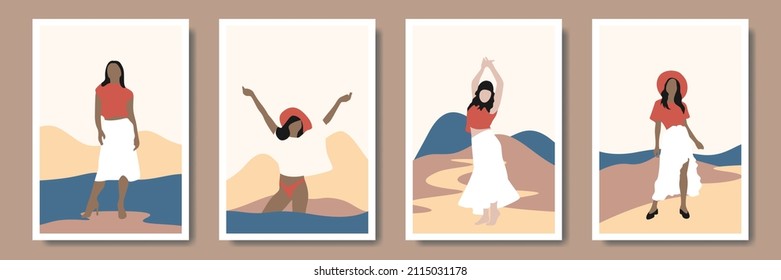 Set of abstract bohemian style wall decor and girl, design for wallpaper, sun, moon, vase, leaf in aesthetic, modern minimalist art, cover, print, terracotta, beige.