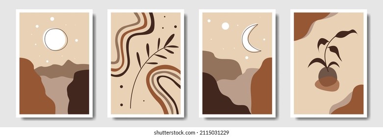 Conjunto de decoración abstracta de pared de estilo bohemio, diseño de papel pintado, sol, luna, jarrón, hoja estética, arte moderno minimalista, cubierta, estampado, terracota, beige.