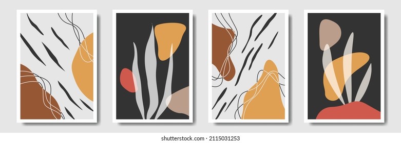 Set of abstract bohemian style wall decor, design for wallpaper, sun, moon, vase, leaf in aesthetic, modern minimalist art, cover, print, terracotta, beige.