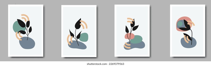Set of abstract bohemian style wall decor, design for wallpaper, sun, moon, vase, leaf in aesthetic, modern minimalist art, cover, print, terracotta,