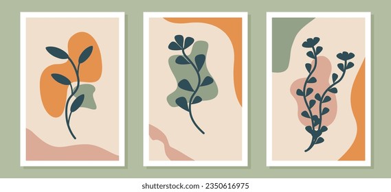 Decoración de paredes de estilo bohemio abstracto, formas de flores y hojas estéticas. Arte minimalista moderno aislado en un marco.