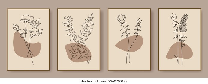 Conjunto de decoración abstracta de pared de estilo bohemio, diseño de papel pintado, sol, luna, jarrón, hoja estética, arte moderno minimalista, cubierta, estampado, terracota, beige.