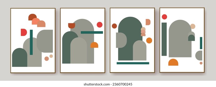 Set of abstract bohemian style wall decor, design for wallpaper, sun, moon, vase, leaf in aesthetic, modern minimalist art, cover, print, terracotta, beige.