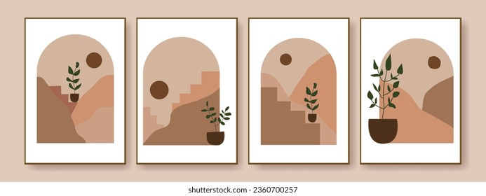 Conjunto de decoración abstracta de pared de estilo bohemio, diseño de papel pintado, sol, luna, jarrón, hoja estética, arte moderno minimalista, cubierta, estampado, terracota, beige.