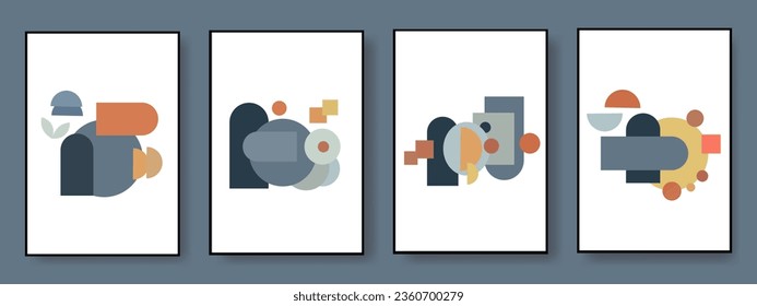 Set of abstract bohemian style wall decor, design for wallpaper, sun, moon, vase, leaf in aesthetic, modern minimalist art, cover, print, terracotta, beige.